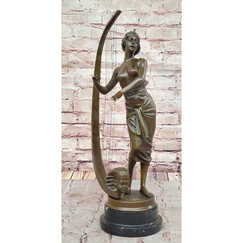 Coudray “Egyptian Harp Player” – Ornate Bronze Sculpture On Marble Base