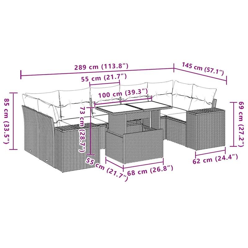 vidaXL Patio Sofa Set with Cushions Table and Couches 8 Piece Poly Rattan - 24.4 x 24.4 x 27.2
