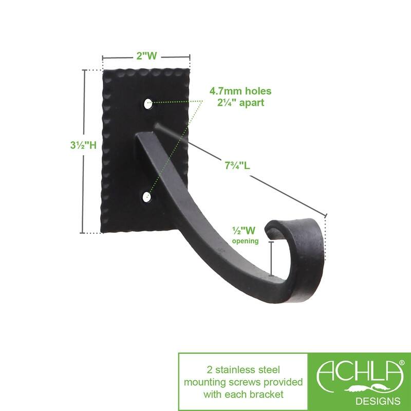 Achla Designs Set of 2 Lodge Up Curled Brackets w/Multiple Hooks, 7.75 Inch Long, Black Powder Coat Finish