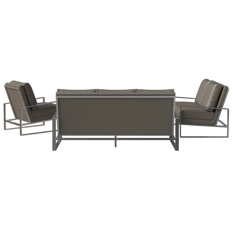 3-Piece Leather Sofa Set Brushed Stainless Steel Base and Removable Cushions