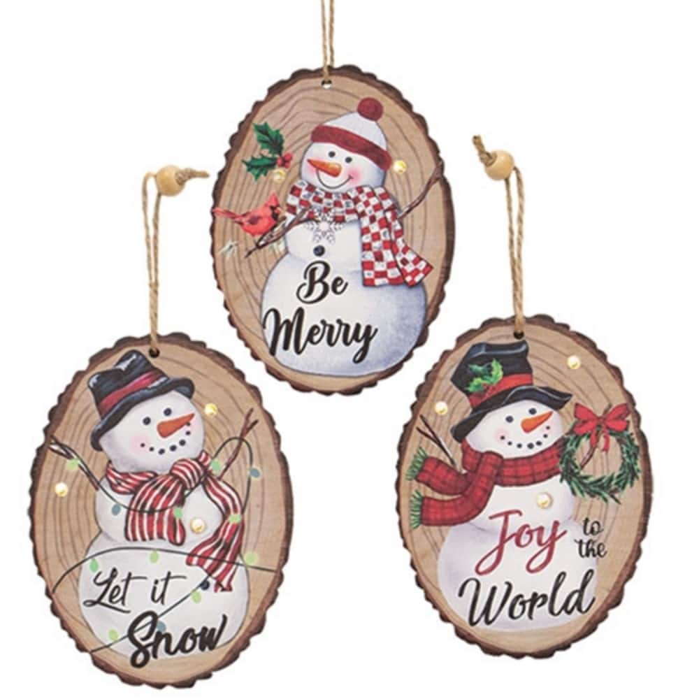 Multi-Color Wood Snowman Ornaments with LED Lights and Jute Hanger, 3 Asstd. - 3.50 x 0.25 x 4.75 in.