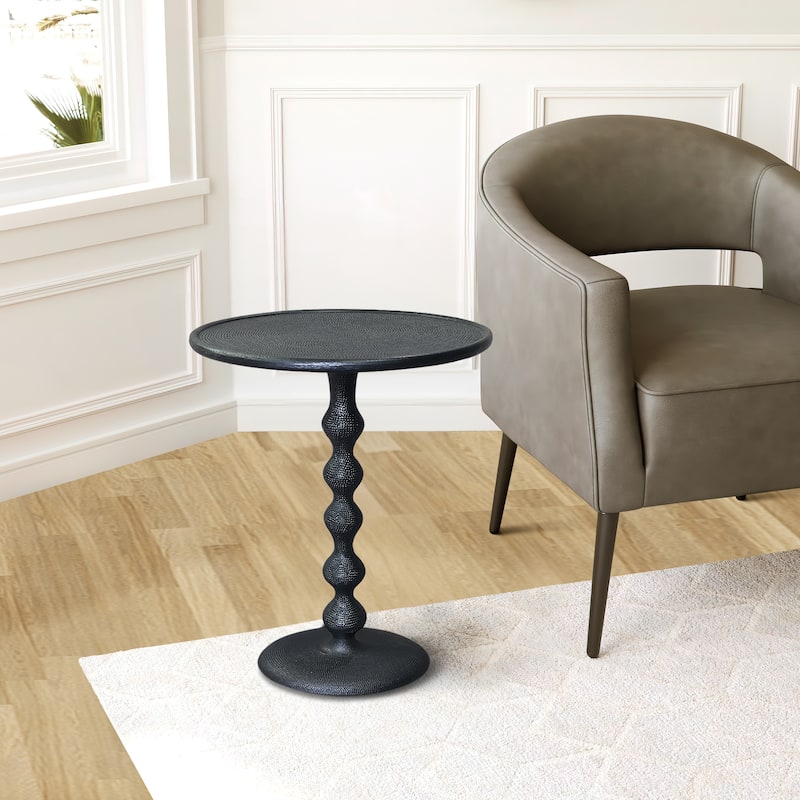 Shae 22 Inch Round Side End Table - Matte Black Aluminum Cast, Hammered Texture, Turned Pedestal Post