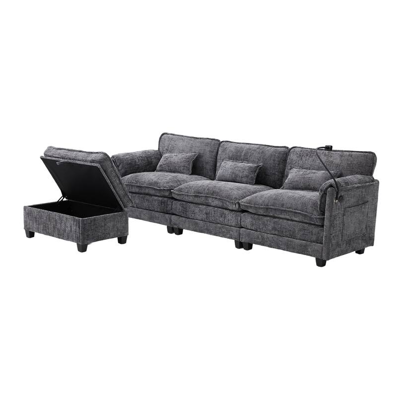 Modern Chenille Chaise Couch L-shaped Sectional Sofa with Storage Ottoman, Phone Holder, USB/Type-C Ports and Side Pockets