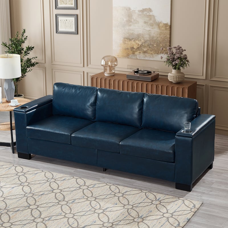 93.7" Modern Style Sofa Faux Leather Couch,Square Arm Sofa With Cup Holder,Storage Sofa,Upholstered PU Leather - Navy Blue