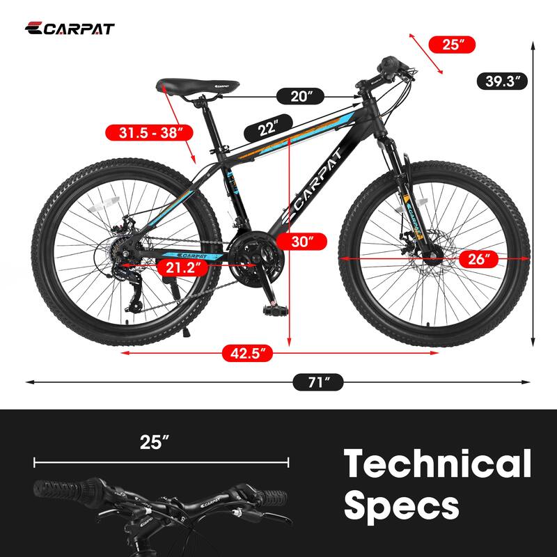 26 Inch Mountain Bike with Steel Suspension Frame 21 Speed Drivetrain, Disc Brakes for Trail and Urban Riding