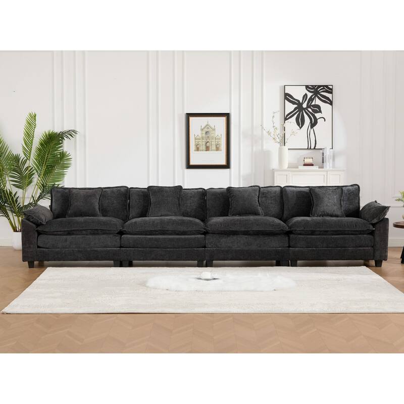 Roomfitters 4-Seater Cloud Sofa, Modern Chenille Upholstered Sectional Couch with Wide Armrests and Deep Cushions - Black