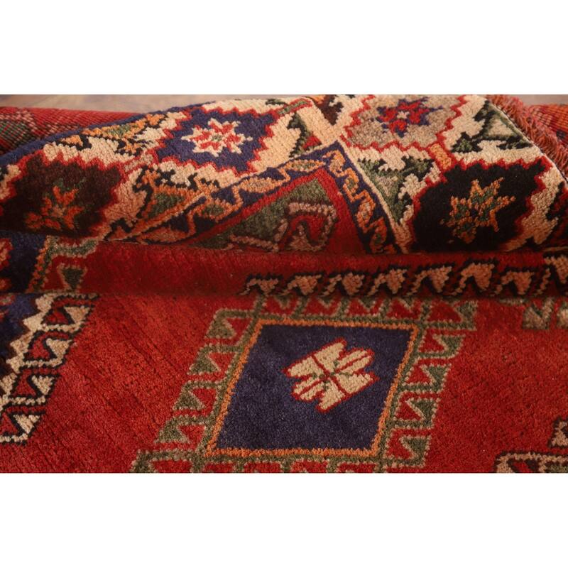 Geometric Shiraz Persian Vintage Accent Rug Hand-Knotted Wool Carpet - 3'4" x 4'11"