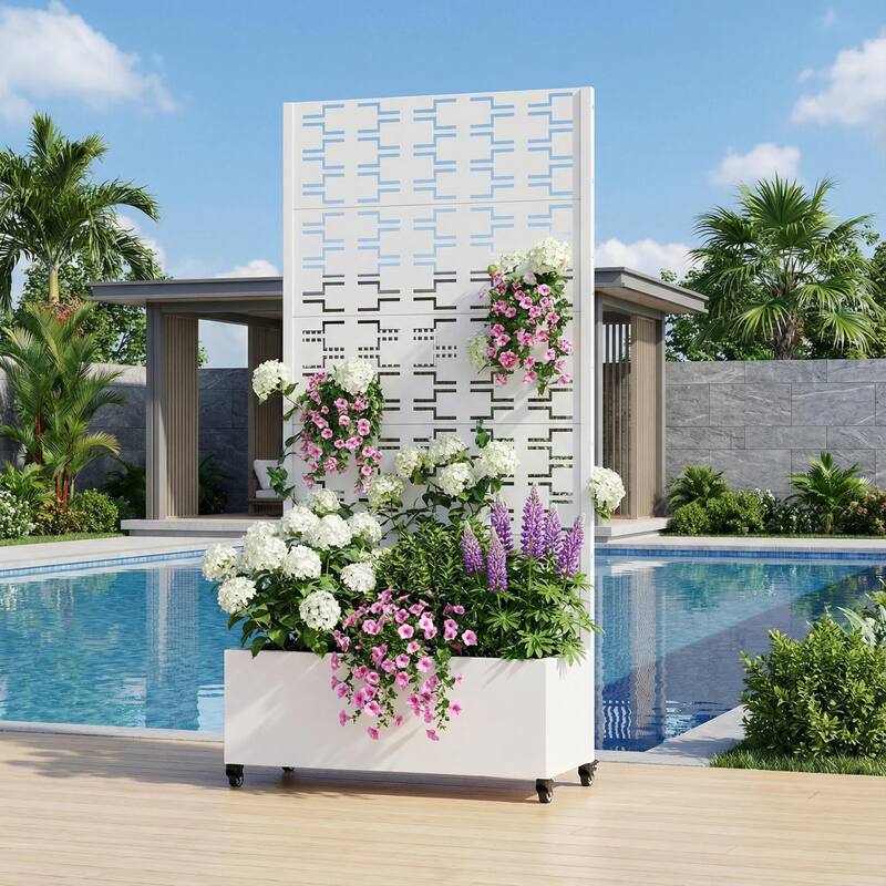 Metal Planter Box with Trellis Privacy Screen Planter Box with Lockable Wheels