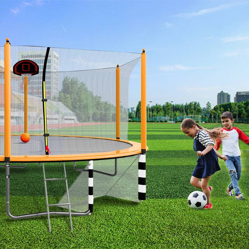 16FT Trampoline with Basketball Hoop, Pump, Ladder, Soccer Goal & Inner Safety Enclosure - Orange