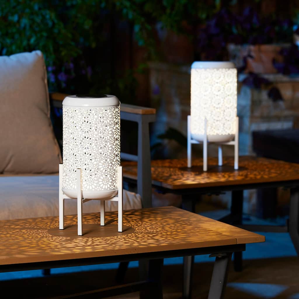 Glitzhome 14.25"H Set of 2 Metal Flower Cutout Solar Lanterns Floor Lantern