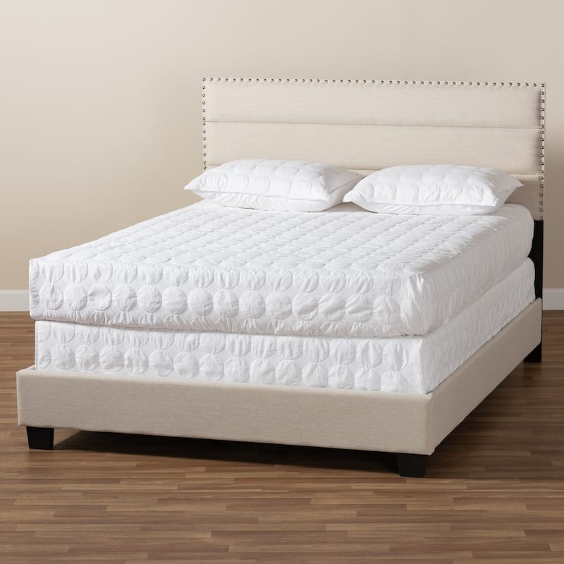 Full Size Bed Frame Upholstered Modern Beige Fabric Bed with Nailhead Trim & Sturdy Wood Frame