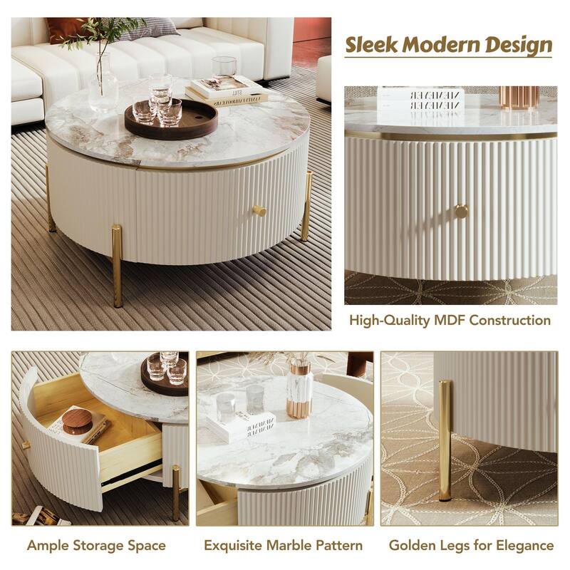 Modern Round Coffee Table with 2 large Drawers Storage Accent Table