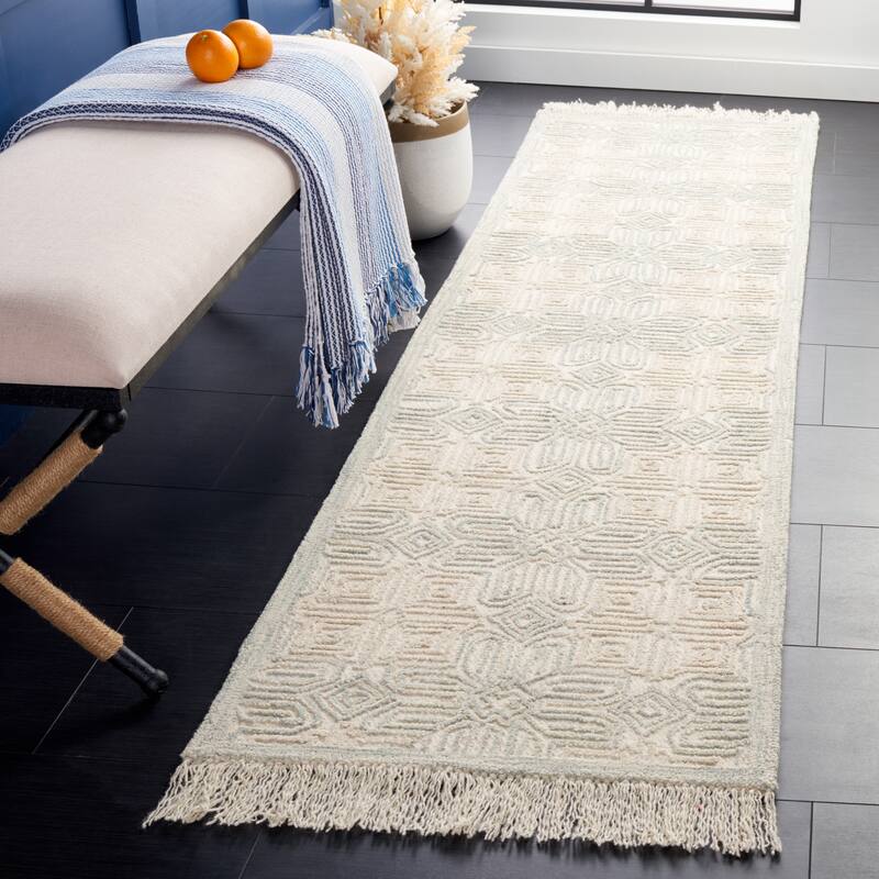 SAFAVIEH Handmade Ikat Imogen Wool Rug - 2'3" x 8' Runner - Ivory/Light Blue