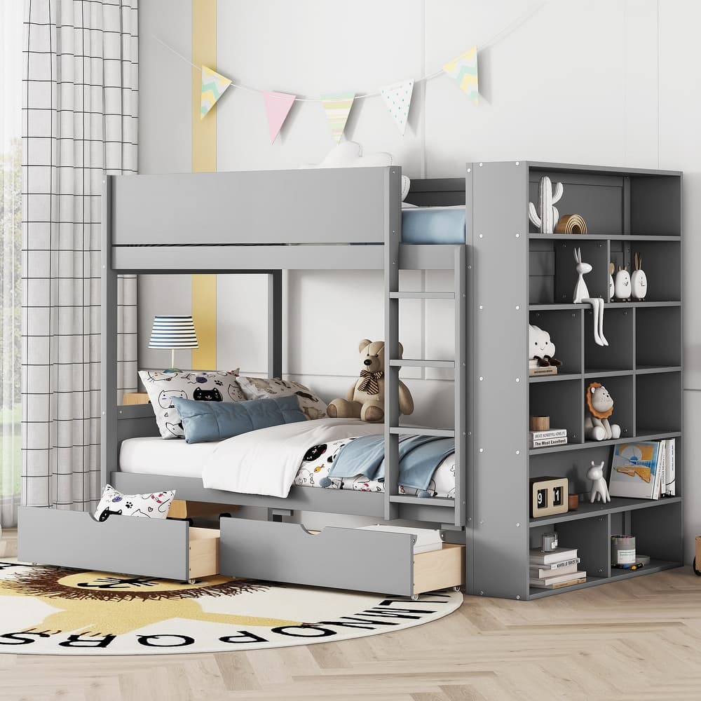 Bunk Bed With 2 Drawers and Multi-layer Cabinet