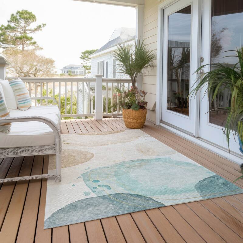 Machine Washable Indoor/ Outdoor Modern Shapes Chantille Rug - Mocha Teal - 9' x 12'