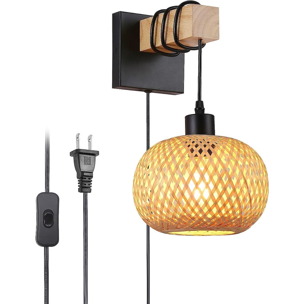 Bamboo Rattan Lantern Lampshade Wood Beam Wall Mounting Hanging Lamp,Industrial Modern Wire Plug in Wall Sconce for Bedroom