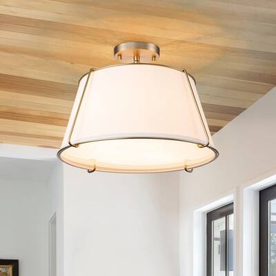 Brass 4-Light Wide Drum Linen Ceiling Light - 17in Mid-Century