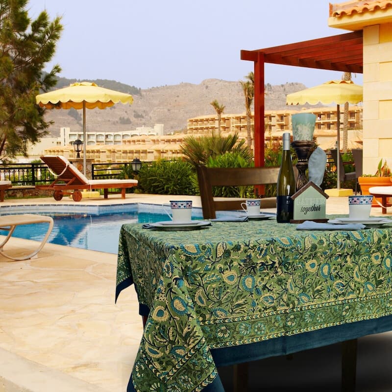 Sweet Us Amara Floral Cotton Block Print Tablecloth Rectangle - 58 x 88 in - Fern Bliss