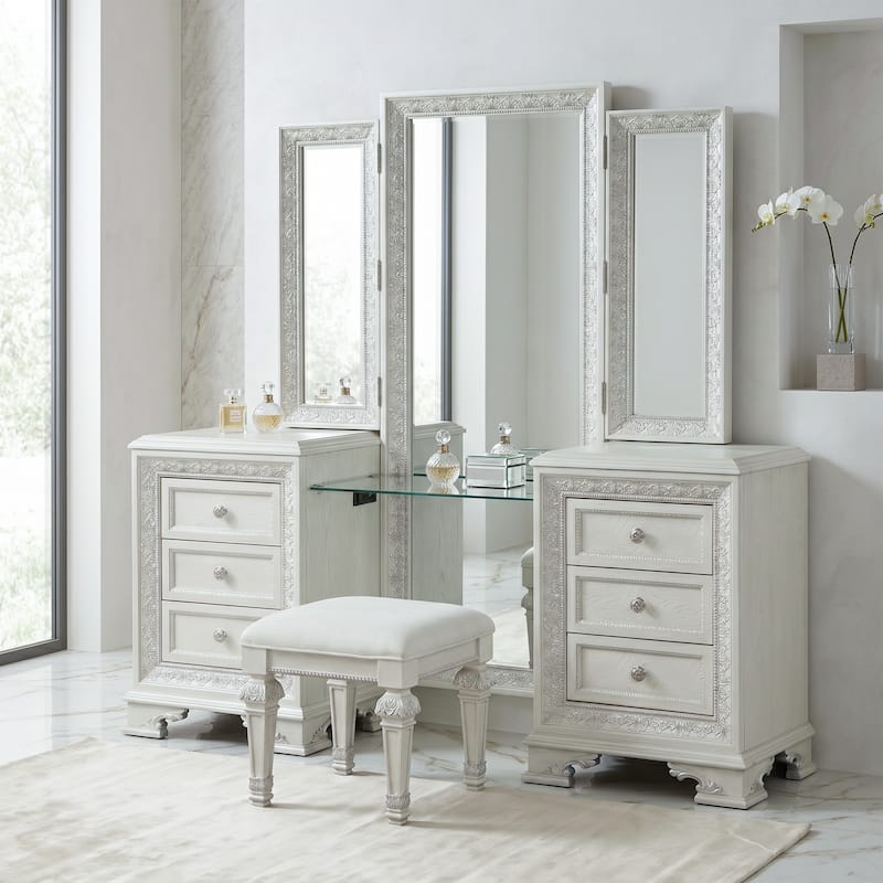 white and silver dressing table White French Carved Dressing Table Set, Antique White