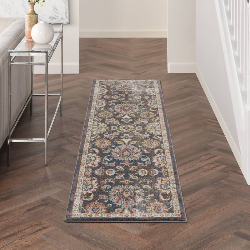 Nourison Soraya Transitional Floral Area Rug - 2' 2" x 7' 6" - Charcoal Multi
