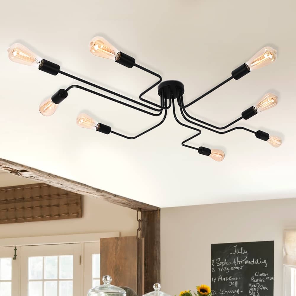8-Light Modern Black Linear Sputnik Semi-Flush Mount Light Industrial Spider Ceiling Light
