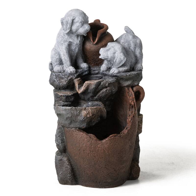 Glitzhome 4-Tiered Dogs or Elephant and Pot Polyresin Outdoor Fountain with Pump and LED Light