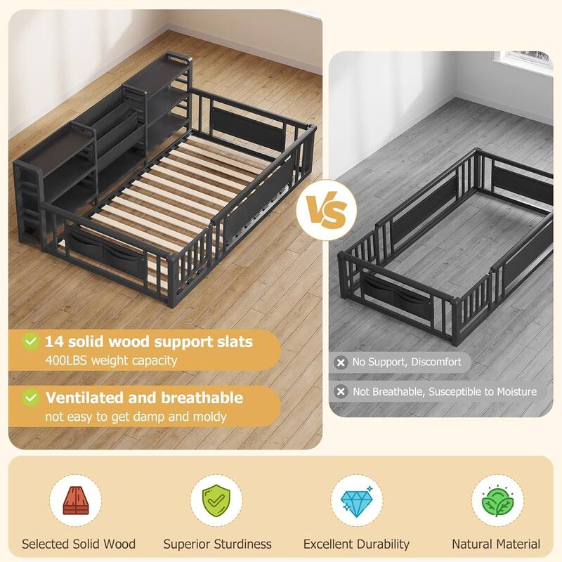 Twin Floor Bed for Kids with High Fence Door Storage Bookcase & Shelf