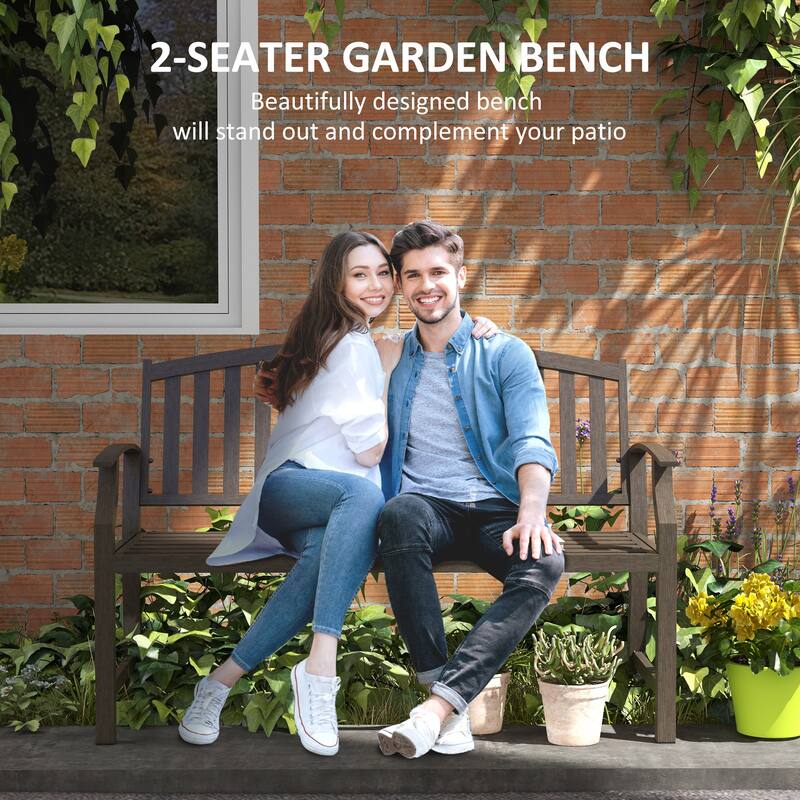 46" Outdoor Metal Garden Bench with Armrests, Tilted Backrest,Wood Look Slatted