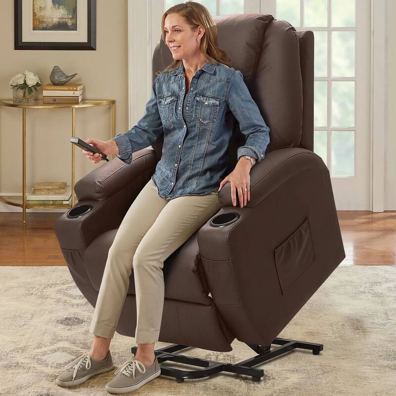 LACOO Power Lift Recliner PU Leather Reclining Chair with Massage - Brown