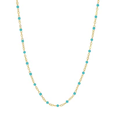 Curata 14k Yellow Gold 18" Light Blue Enamel Bead Piatto Chain Necklace (Spring-ring)