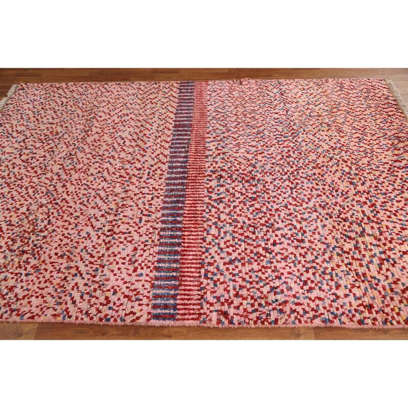 Hand Knotted Oriental 100% Wool Carpet Modern Checkered Pink Moroccan Area Rug - 8' 2'' X 5' 5''