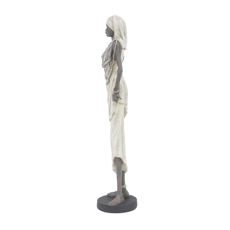 White Polystone Handmade Standing African Woman Decorative Sculpture with Intricate Jeweled Details (Set of 3)