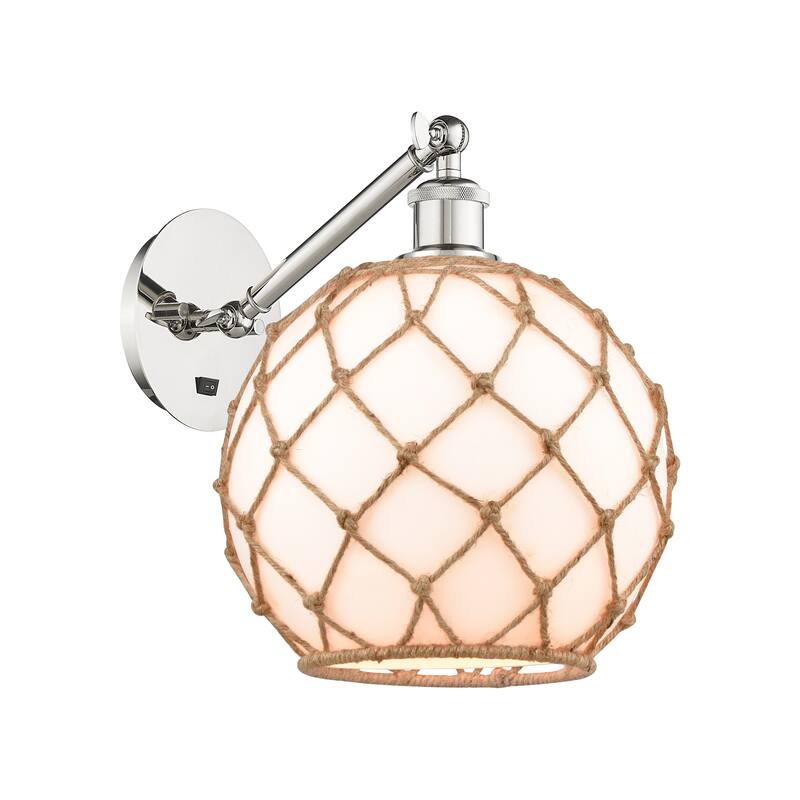 Innovations Lighting Endless Possibilities Ballston - Farmhouse Rope - 1 Light 10" Adjustable Sconce - Arm Adjusts Up and Down - White Glass with Brown Rope/Polished Nickel