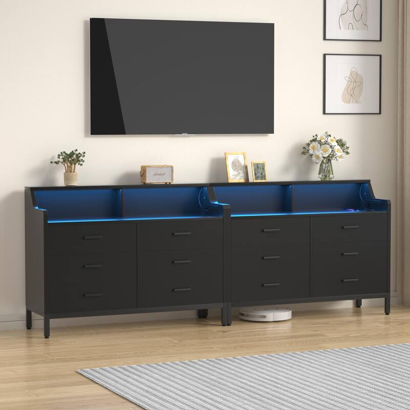 6 Drawers Dresser with Charge Station and LED Light, Closet Organizer for Bedroom