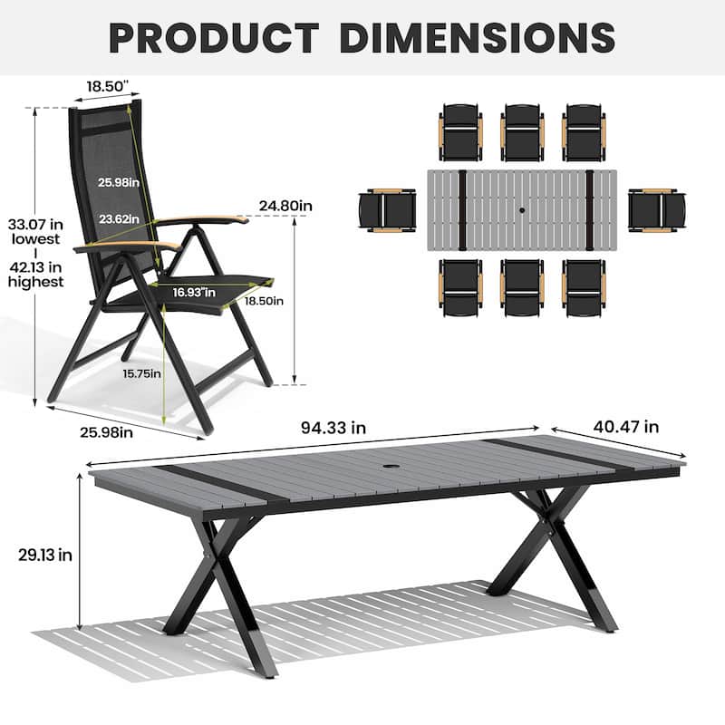 9-Piece Set Outdoor Aluminum Dining Table with Umbrella Hole and Foldable Dining Chairs
