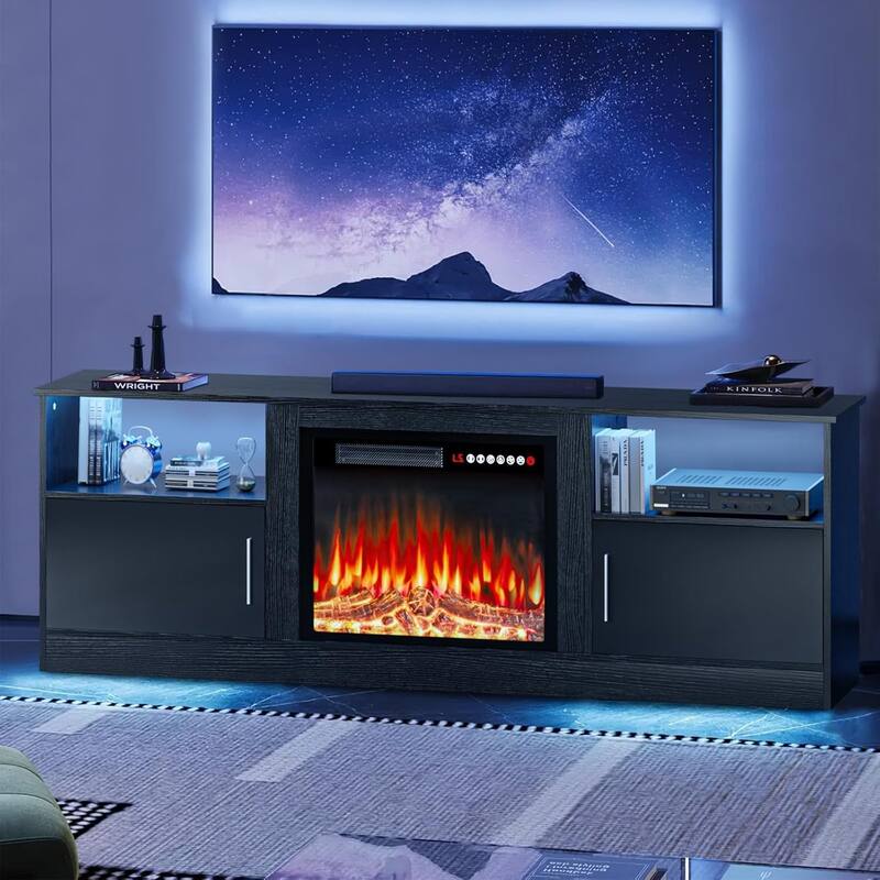 BOSSIN 70" Fireplace TV Stand - Modern Wood Entertainment Center with 23" Electric Fireplace with LED Light for Living Room - Black