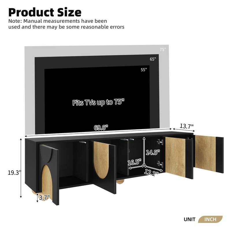 69.6" Farmhouse TV Stand for TVs up to 75", Media Console with Cable Holes, Rebound Doors, 5 Wood Legs