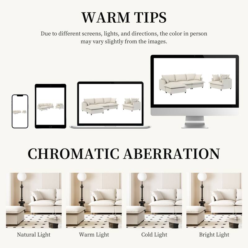 Modular L Shaped Chenille Sectional Couch w/Armchair & Movable Ottoman