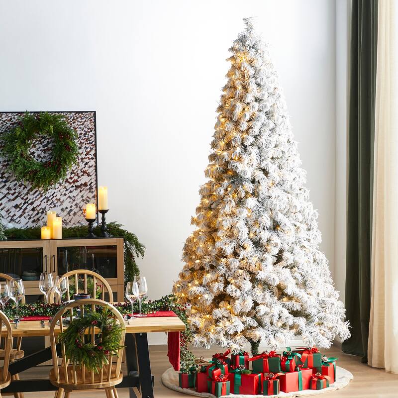 Glitzhome 7.5ft/9ft Pre-Lit Flocked Full Spruce Artificial Christmas Tree with C3 Lights Foot Switch - 9FT