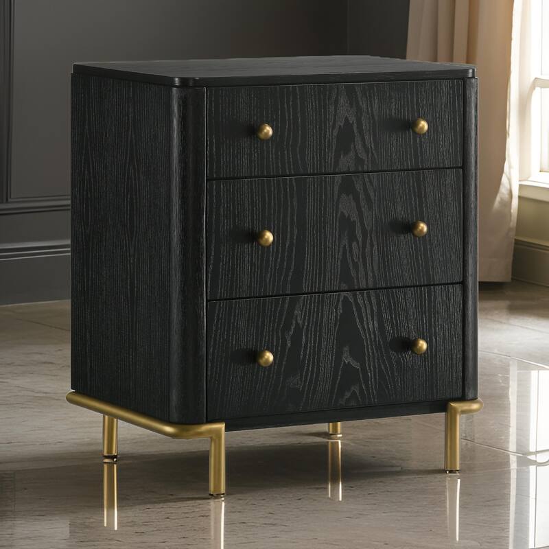 Fij Nightstand, 3 Drawers, USB Port, Golden Metal Legs, Knobs, Black Wood