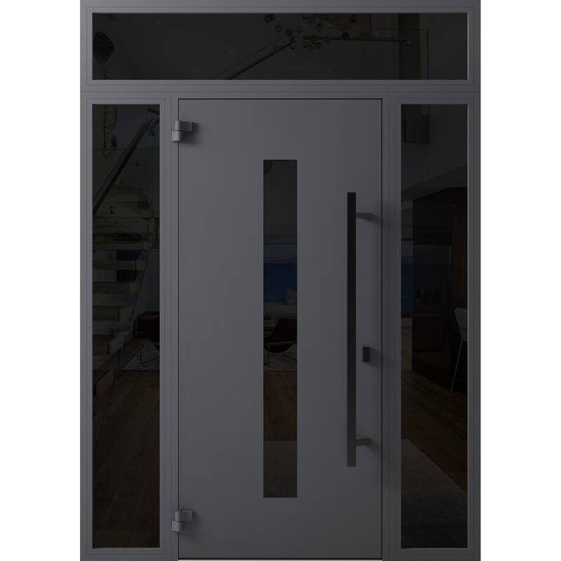 Front Prehung Steel Door Ronex 1011 Grey Side and Top Window Sidelite Stainless Inserts W36+12xH80+16 Lh I