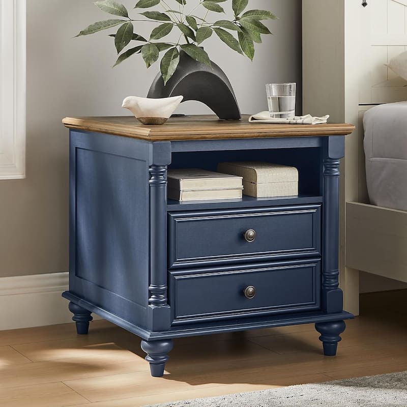Farmhouse End Table, Sofa Side Table with Charging Station, Nightstand - Rustic Oak Antique Blue