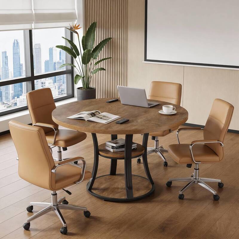 39" Round Conference Table with 2-Tier Storage Shelf for Meeting Room - 39.37" D x 39.37" W x 29.53" H