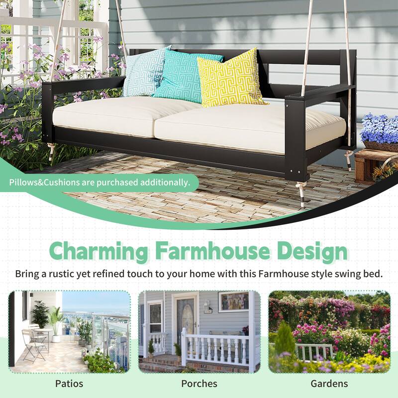 Patio Wooden Twin Size Porch Swing Daybed with 4 Hanging Ropes - Black