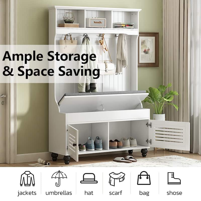 47"W Entryway Hall Tree with Bench & Flip Cabinet & Hanging Hook - 47.2''W x 17.5'' D x 69.1'' H