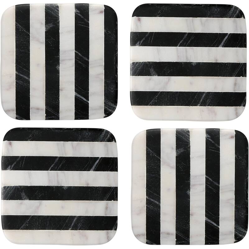 Marble Black & White Striped Coasters with Protective Cork Backing 4" Square Absorbent, Artistic, Elegant - Multi