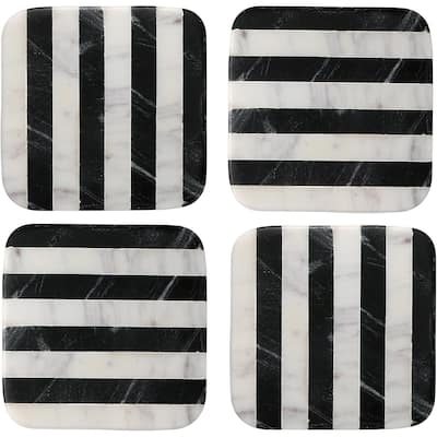 Marble Black & White Striped Coasters with Protective Cork Backing 4" Square Absorbent, Artistic, Elegant
