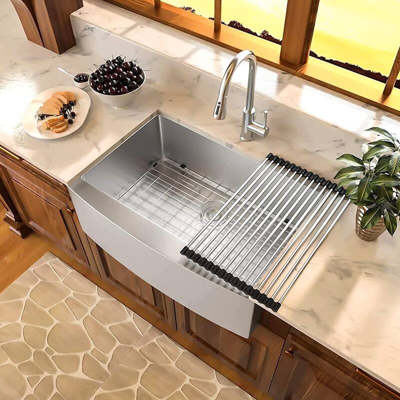 Single Bowl Farmhouse Apron Kitchen Sink with Bottom Grid and Basket Strainer