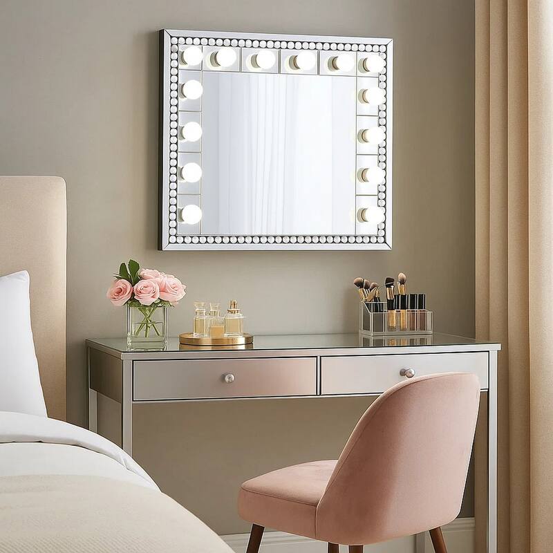 Rose 32 Inch Vanity Lighted Wall Mirror, 11 Bulbs, Faux Diamond, Silver