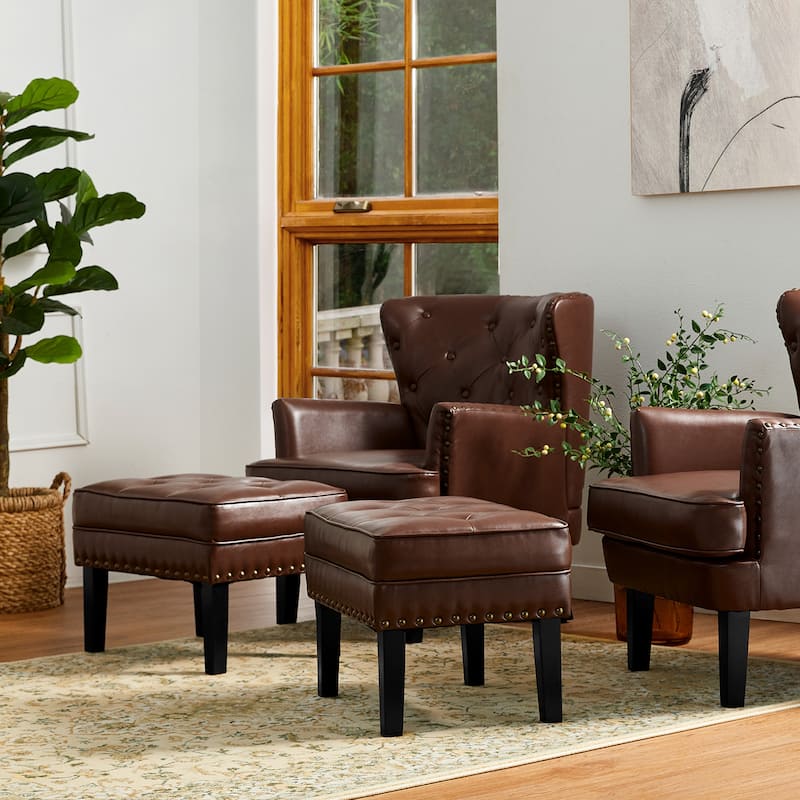 Glitzhome Set of 2 22"W Leatherette Button-tufted Foot Stools Ottomans